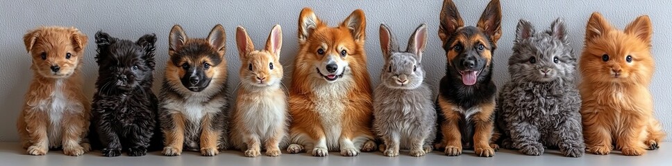 Obraz premium Collage featuring adorable pets such as a dog, cat, rabbit, and bird set against a pristine white background