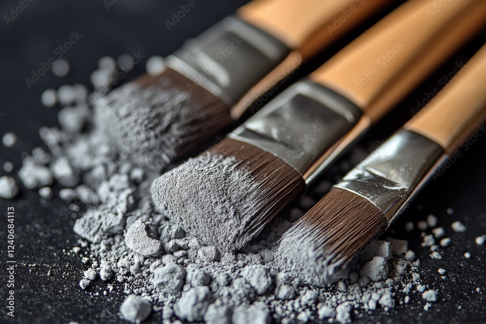 Poster Artistic tools covered with gray powder on a dark surface highlight an engaging creative process in action