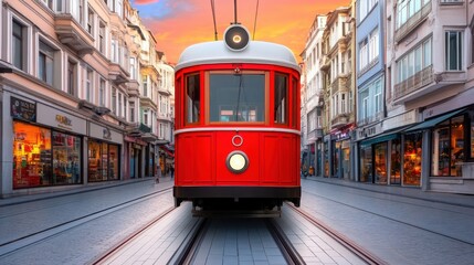 Fototapeta premium The famous red Istanbul tram moving through the historic streets at sunset.