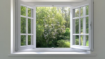 Fresh spring air flows through an open window, showcasing a radiant garden filled with blooming flowers and lush greenery