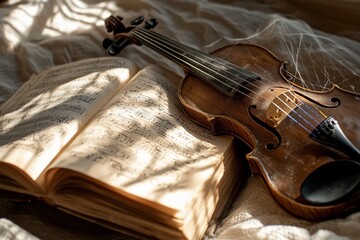 Vintage violin and sheet music bathed in soft afternoon light.