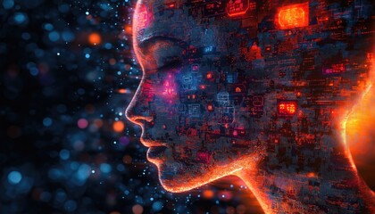 Mind Control Digital Head Illuminated with Glowing Circuitry