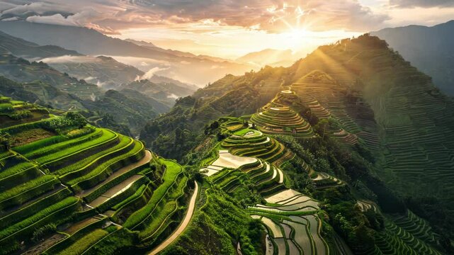 Bird's-eye view of serene Banaue rice terraces at dawn, with tiers bathed in golden morning light