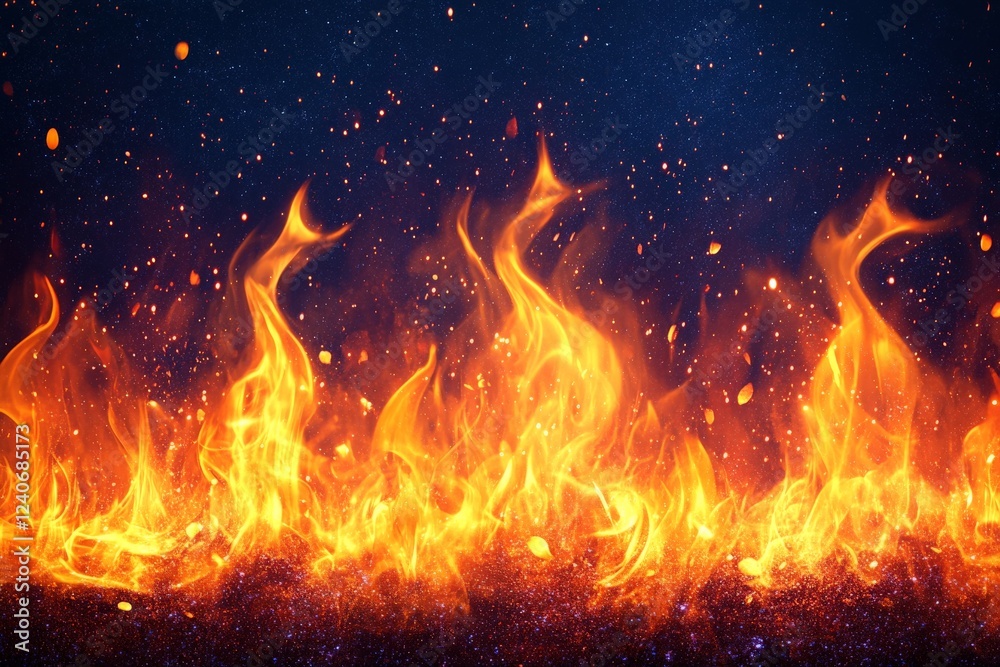 Poster flames dance wildly against a dark backdrop under a starry sky creating an intense and mesmerizing d