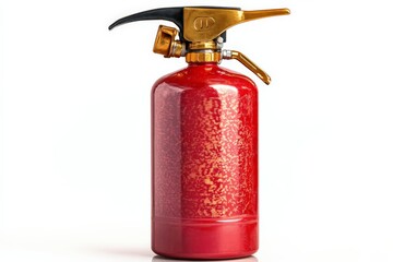 Obraz premium Fire extinguisher in bright red color with black nozzle and brass handle on a white background