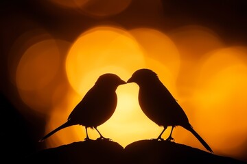 Silhouette of two birds sharing a tender moment at sunset.