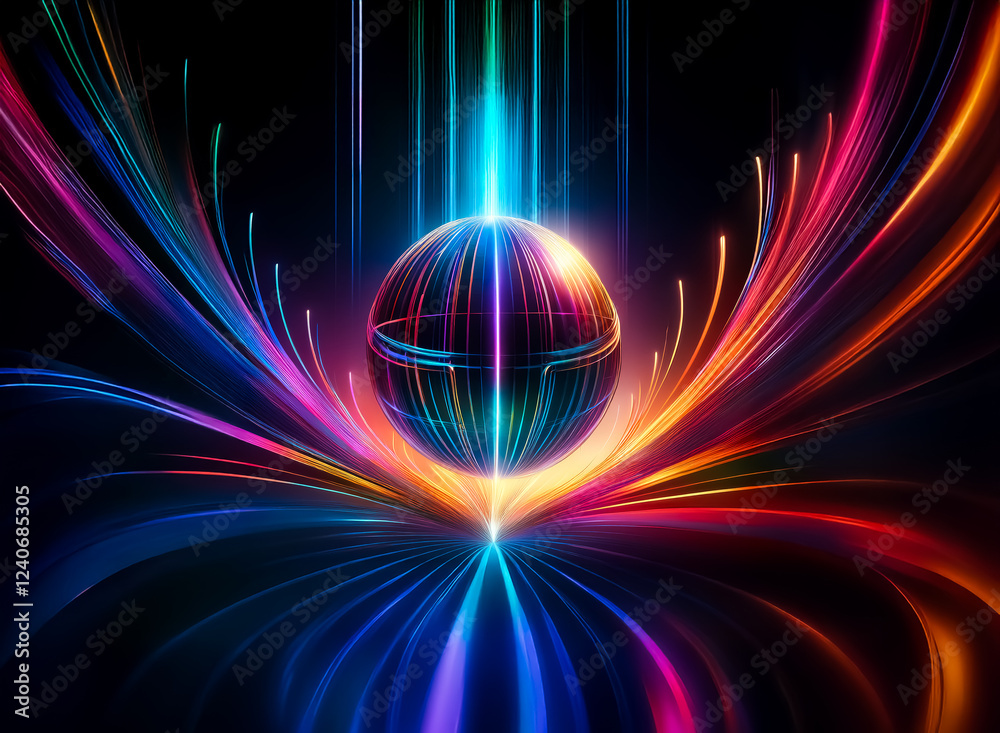 Sticker a vibrant sphere glows, radiating multicolored energy streams in a symmetrical, mesmerizing display.