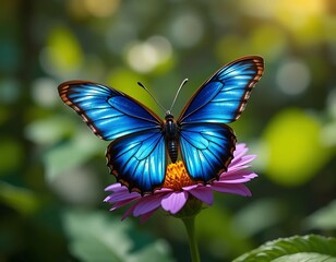 Fototapeta premium Vibrant Blue Morpho Butterfly on Purple Flower: A Serene Nature Scene
