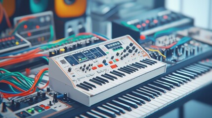 Creating melodic waves an analog synthesizer in a cozy music studio surrounded by colorful cables and retro equipment