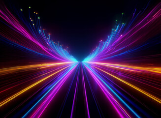 Obraz premium Vibrant, multicolored light streaks converge in a symmetrical pattern, resembling a futuristic highway or cosmic pathway extending to a vanishing point. The dark background enhances the luminosity of