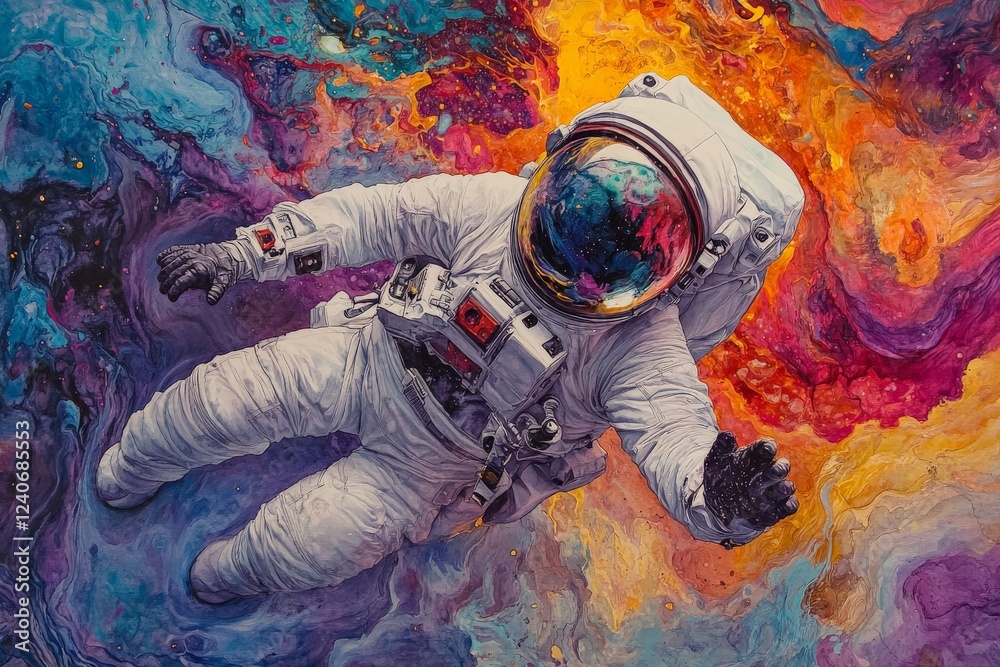 Poster astronaut floating in vibrant cosmic nebulas, exploring the wonders of outer space