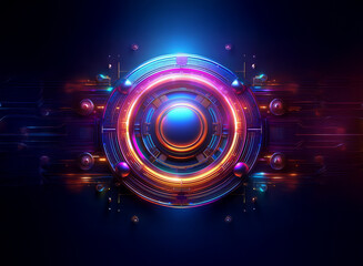 Fototapeta premium A vibrant, futuristic circular device glows with neon lights. Its concentric rings and metallic spheres radiate energy against a dark background. The intricate design suggests advanced technology.