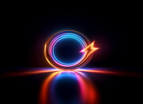 Vibrant neon circle with a lightning bolt arrow, reflecting on a dark surface. Symbolizing renewal, energy, and cyclical processes. - Powered by Adobe