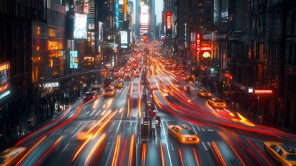 A bustling city street with headlights and tail lights forming dynamic light trails