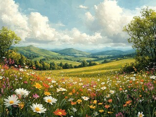 Fototapeta premium Dreamy meadows bathed in ethereal clouds and lush greenery, painted in soft, vintage hues