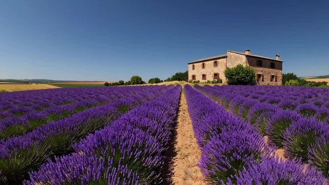A blooming lavender farm at midday, long rows of purple stretching toward a rustic stone house under brilliant sunshine.