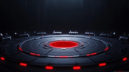 A futuristic control center with a central platform and red lights, ideal for showcasing technology or data analysis.