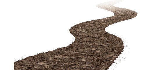A winding dirt path with rough texture and scattered pebbles, isolated on transparent and white background