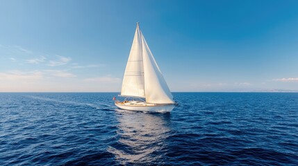 Obraz premium Sailboat cruising sunny ocean, clear sky background; travel, leisure