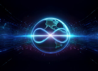 Obraz premium A glowing Earth encircled by an infinity symbol, set against a backdrop of vibrant, digital energy streams. The image suggests endless possibilities and global connectivity.