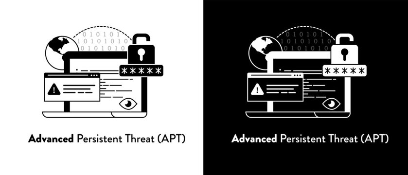 Advanced Persistent Threat (APT) concept – APT attack, APT Cyber Attack Vector, Cyber Espionage Graphic, Network Exploitation Symbol. Black and White Editable Stroke illustration.
