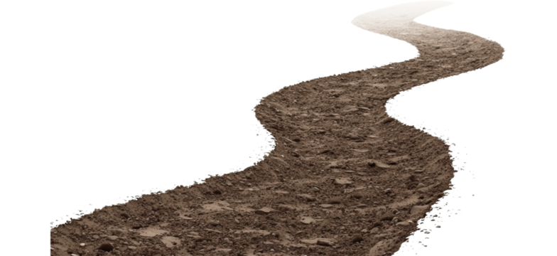 A winding dirt path with rough texture and scattered pebbles, isolated on transparent and white background