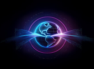 A glowing digital Earth encircled by vibrant neon rings and energy waves, symbolizing global connectivity and technological advancement.