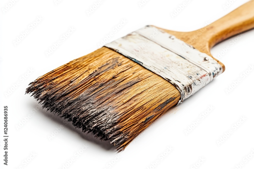 Poster paintbrush with worn bristles resting on a white surface after a creative home improvement project
