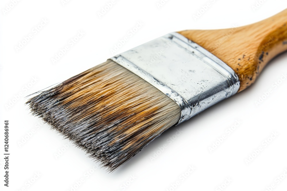 Poster Close-up of a weathered paintbrush with wooden handle and frayed bristles resting on a white surface in a well-lit environment