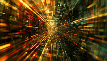 Fototapeta premium Abstract digital tunnel with vibrant light streaks, creating a sense of motion and depth
