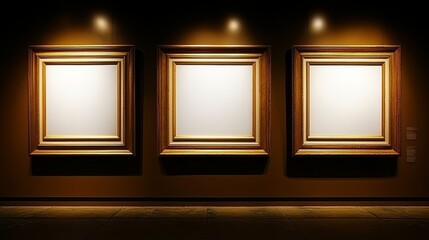 Antique golden art fair gallery frame on the wall at auction house or museum exhibition, blank template with empty white copyspace for mockup design artwork concept : Stock