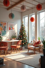 A vibrant craft room decorated for Christmas with colorful paper decorations, a small tree adorned with handmade ornaments, and a workspace filled with supplies. The atmosphere is creative.