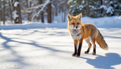Fototapeta premium Captivating red fox exploring a serene winter wonderland in soft morning light