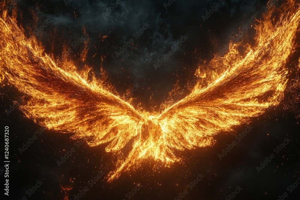 Poster fiery phoenix with outstretched wings soaring above dark clouds at twilight