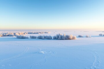 Aerial View of Snowy Landscape with Frost Covered Trees at Sunrise