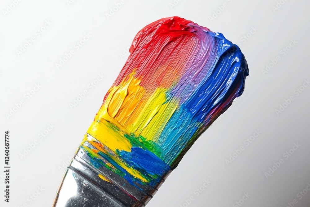 Poster vivid colors blend on a paintbrush, showcasing creativity and artistic expression in a studio settin