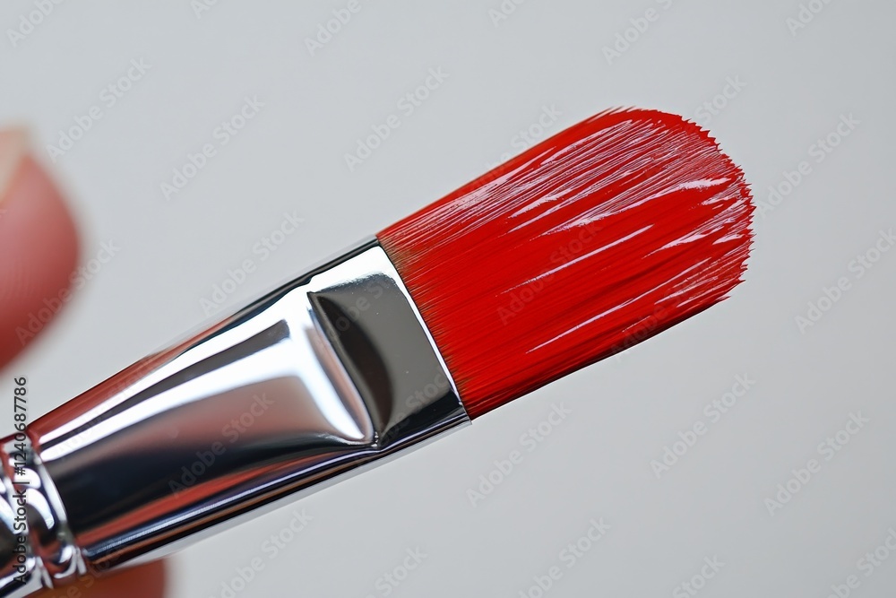 Poster close-up view of a bright red paintbrush depicting fine bristles against a neutral background at an 