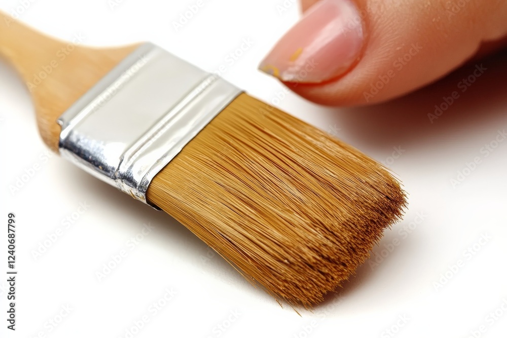 Poster Close-up of a paintbrush with a hand preparing to apply color on a smooth surface