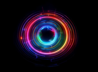 Vibrant, multicolored concentric circles radiate light against a black background.  The effect is hypnotic and dynamic, suggesting energy and motion.