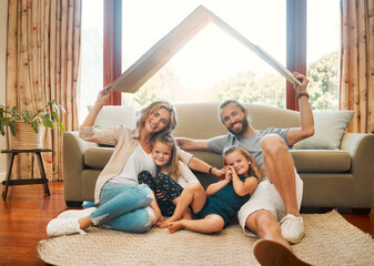 Cardboard, cover and portrait of family on floor of living room in home together for insurance....