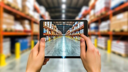 Hands holding a tablet displaying a high-tech warehouse with automated systems including goods tracking.