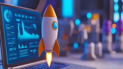 Imagine a rocket taking off from a laptop on an office table, marking the inception of a groundbreaking business startup idea, project development, and internet marketing strategy. As it ascends, it