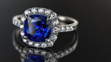 Luxury gemstone ring with a cushion-cut sapphire on a glossy black backdrop