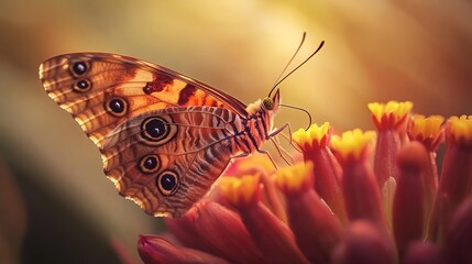 Obraz premium A close-up of a butterfly perched on a vibrant flower in soft natural light