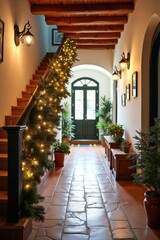 Fototapeta premium A charming hallway decorated for Christmas with a beautiful garland draped along the railing, twinkling lights adorning the walls, and festive artwork hanging. Mediterranean Interior Style.