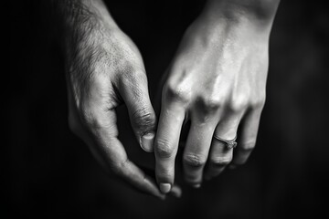 Monochrome close-up of a couple's hands expressing love.