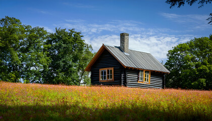 Obraz premium Small Wooden Cabin in a Green Field Surrounded by Trees Under a Clear Blue Sky – Peaceful Rural Escape