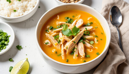 Warm bowl of creamy soup garnished with tender chicken, fresh herbs, and lime, perfect for a cozy meal