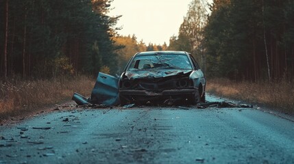 Obraz premium Abandoned and charred, a damaged car is left on a tranquil road surrounded by tall trees. The golden hour sun casts a warm glow, enhancing the eerie beauty of the scene