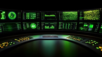 A futuristic, green-themed logistics control center with live plants, displaying various data streams on screens, symbolizing sustainable and efficient cargo management.